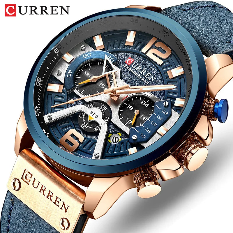 CURREN - Reloj deportivo analógico de cuero para hombre, marca de lujo, estilo militar, con fecha, de cuarzo, 2021