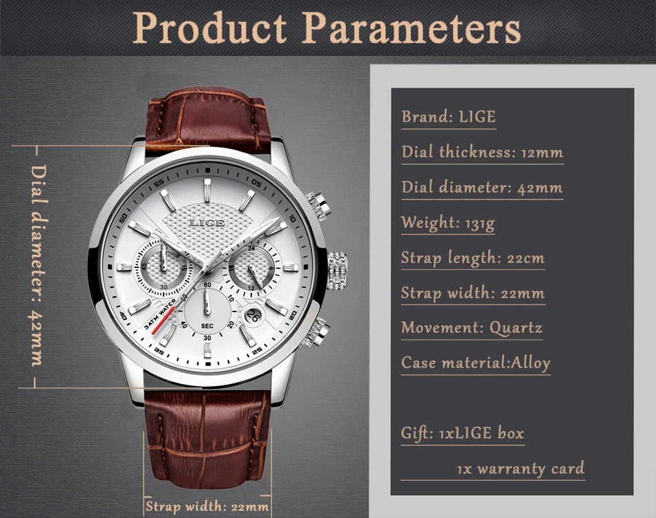 Nuevos relojes LIGE para hombre, marca superior de lujo, reloj de pulsera para hombre, reloj de cuarzo de cuero, reloj deportivo resistente al agua para hombre, reloj Masculino