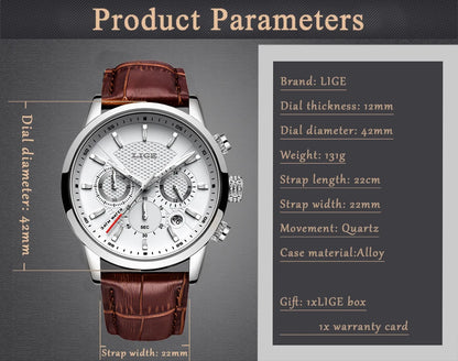 Nuevos relojes LIGE para hombre, marca superior de lujo, reloj de pulsera para hombre, reloj de cuarzo de cuero, reloj deportivo resistente al agua para hombre, reloj Masculino