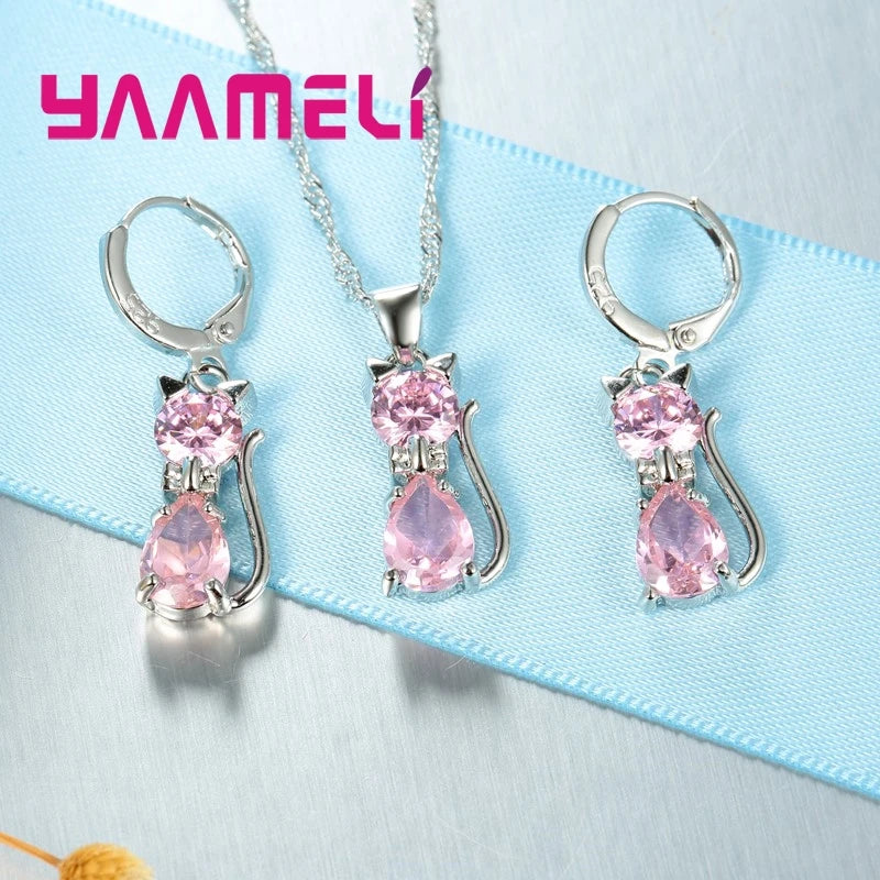 Conjuntos de joyas de plata de ley 925 auténtica para mujer y niña, con colgante de gato y cristal austriaco brillante, collar y pendientes tipo huggie.