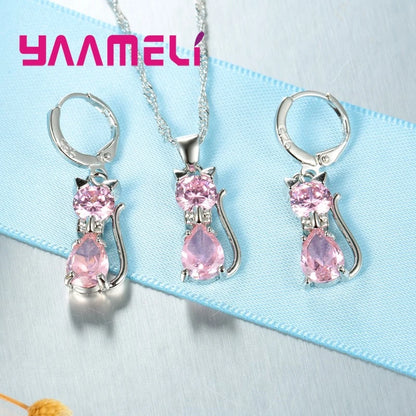 Conjuntos de joyas de plata de ley 925 auténtica para mujer y niña, con colgante de gato y cristal austriaco brillante, collar y pendientes tipo huggie.