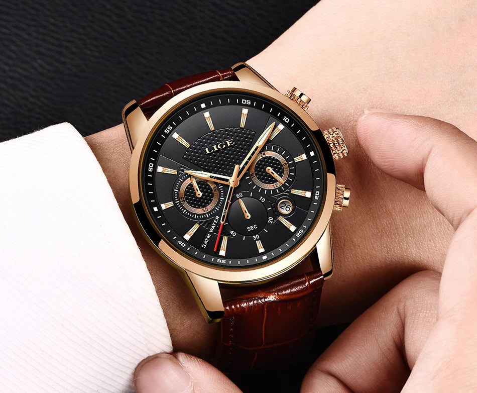 Nuevos relojes LIGE para hombre, marca superior de lujo, reloj de pulsera para hombre, reloj de cuarzo de cuero, reloj deportivo resistente al agua para hombre, reloj Masculino