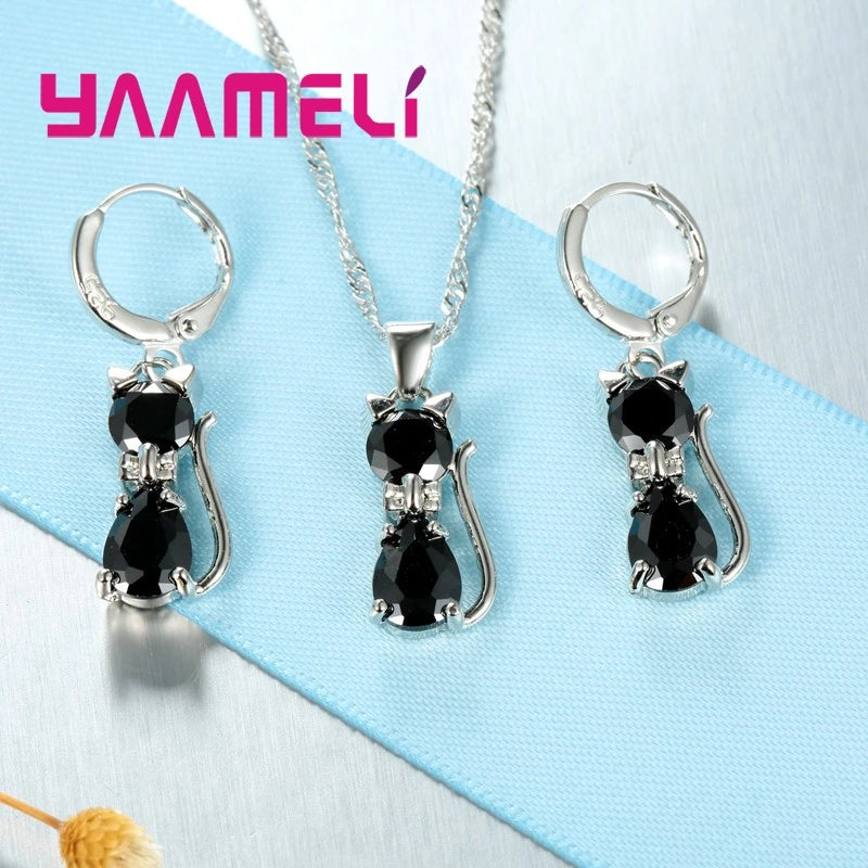 Conjuntos de joyas de plata de ley 925 auténtica para mujer y niña, con colgante de gato y cristal austriaco brillante, collar y pendientes tipo huggie.