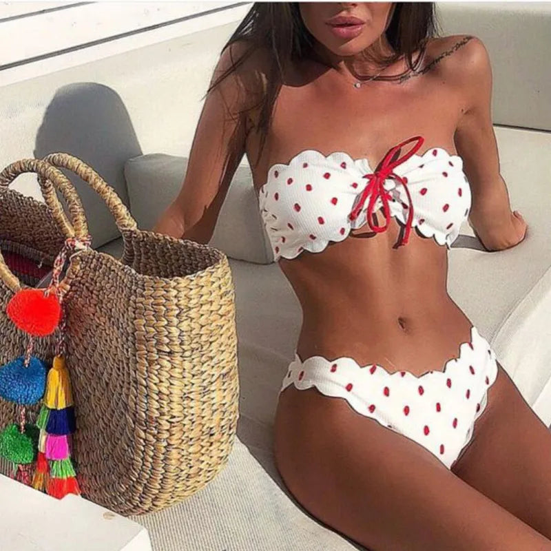 Bikini Estampado de Lunares para Mujer Conjunto de Bañador Bandeau Sexy con Realce y Estilo Brasileño para el Verano