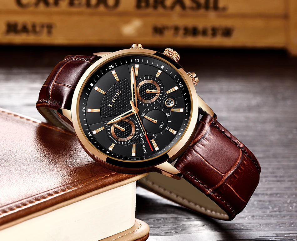 Nuevos relojes LIGE para hombre, marca superior de lujo, reloj de pulsera para hombre, reloj de cuarzo de cuero, reloj deportivo resistente al agua para hombre, reloj Masculino