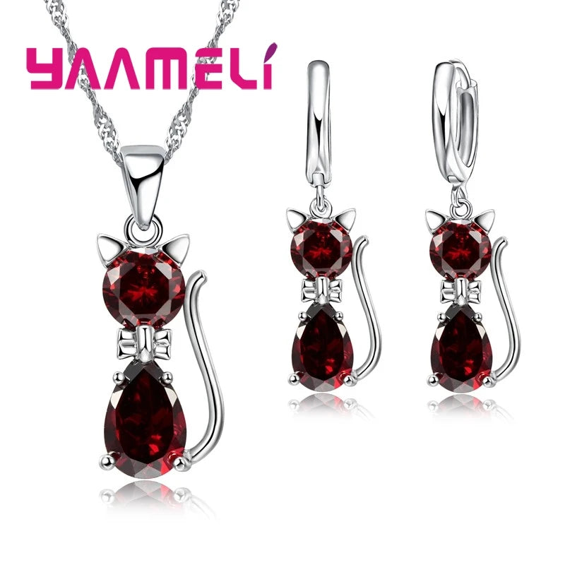 Conjuntos de joyas de plata de ley 925 auténtica para mujer y niña, con colgante de gato y cristal austriaco brillante, collar y pendientes tipo huggie.