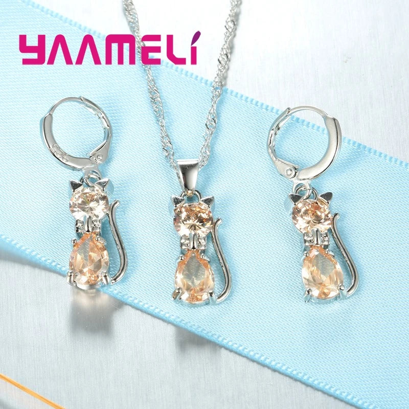 Conjuntos de joyas de plata de ley 925 auténtica para mujer y niña, con colgante de gato y cristal austriaco brillante, collar y pendientes tipo huggie.