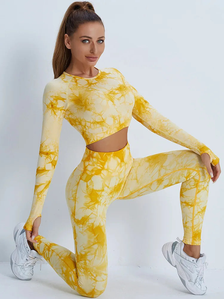 Conjunto de 2 piezas de yoga y gimnasio para mujer, con sujetador deportivo y camiseta de manga larga, leggings con cintura alta, chándal deportivo de moda para niñas.