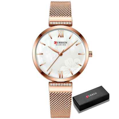 Reloj de moda CURREN para mujer, de lujo, de cuarzo dorado, elegante reloj de pulsera para mujer, reloj de vestir para mujer, acero inoxidable