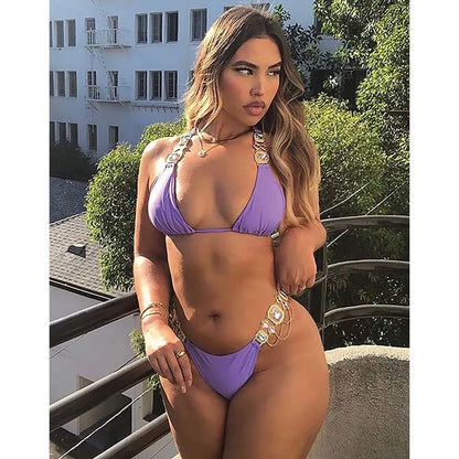 Bikini sexy con diamantes de imitación para mujer, traje de baño de color liso, push up, para playa, 2025