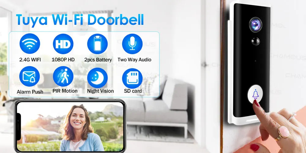 Videoportero Tuya WiFi 1080P HD con batería, visión nocturna, seguridad y control por app (Alexa, Google).