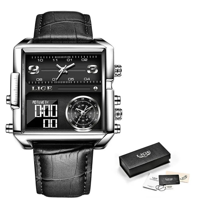 Reloj LIGE de acero negro para hombre, reloj digital con doble pantalla, cronógrafo deportivo, resistente al agua, de cuarzo, estilo militar