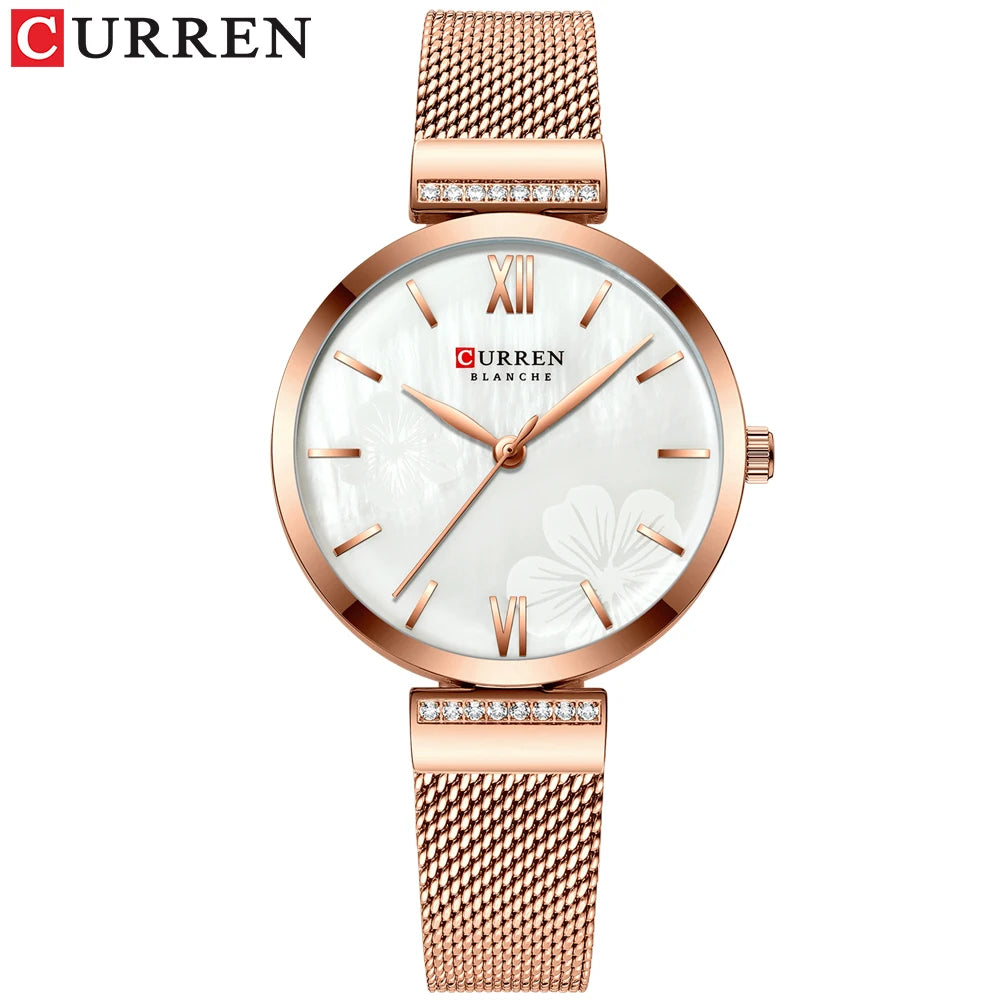 Reloj de moda CURREN para mujer, de lujo, de cuarzo dorado, elegante reloj de pulsera para mujer, reloj de vestir para mujer, acero inoxidable