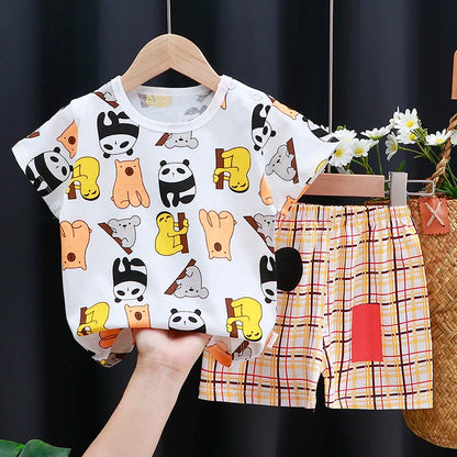 Conjunto de ropa para niños, camiseta y pantalones cortos para bebé niño/niña, ropa de verano de algodón con dibujos animados, chándal informal para niño y bebé.