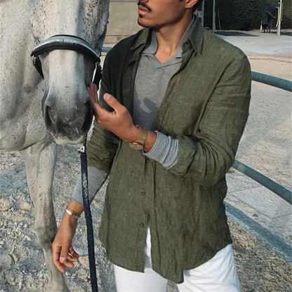 Camisas casuales de algodón y lino para hombre, cuello alto, color liso, manga larga, holgadas, para primavera y otoño, 2024