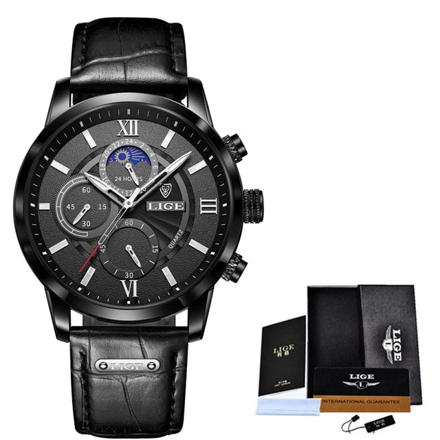 Nuevos relojes LIGE para hombre, marca superior de lujo, reloj de pulsera para hombre, reloj de cuarzo de cuero, reloj deportivo resistente al agua para hombre, reloj Masculino