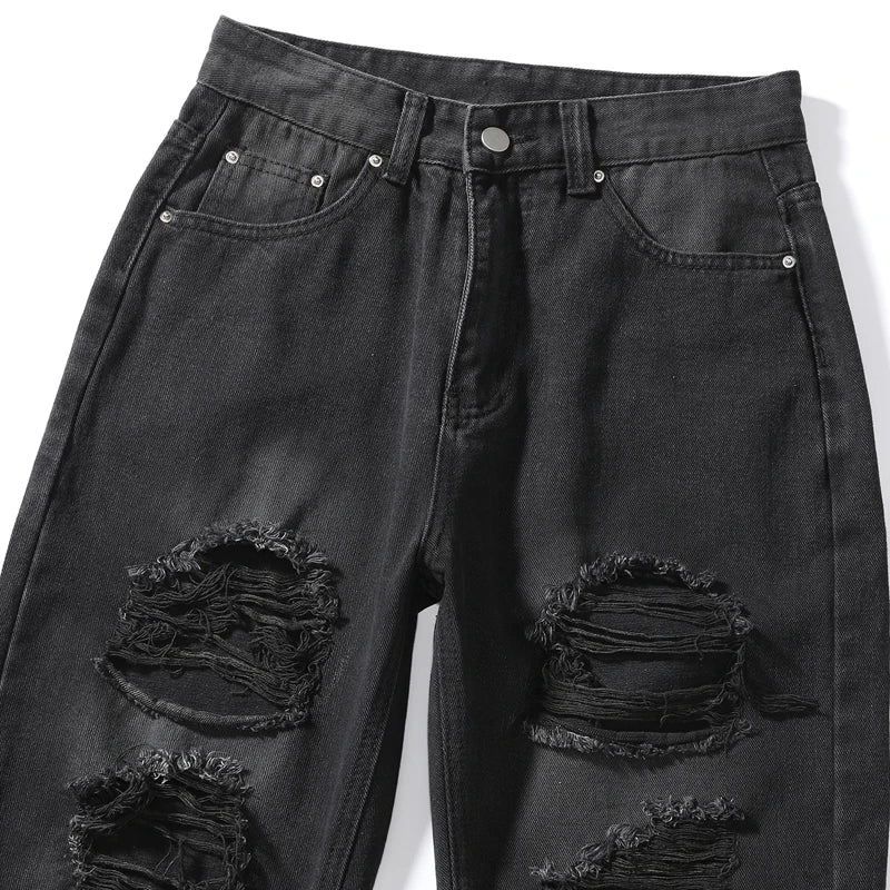 Vaqueros negros rotos de cintura alta para mujer, ropa vintage Y2K, pantalones vaqueros rectos de moda, ropa de calle con agujeros, pantalones vaqueros de hip hop.