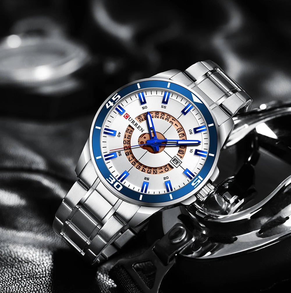 Relojes CURREN para hombre, relojes de negocios de moda para hombre con correa de acero inoxidable, reloj de cuarzo resistente al agua para hombre con fecha automática