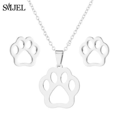 Hermoso conjunto de joyas de acero inoxidable con diseño de gatito y gato en color dorado para hombre, collar con pendientes de gato huecos a la moda, joyería con forma de pata.