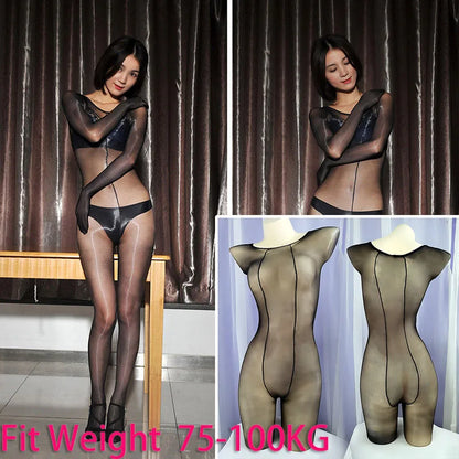 Mono ajustado de cuerpo entero brillante 1D, tipo medias, adecuado para hombres y mujeres, con entrepierna abierta y cerrada, sexy y brillante.