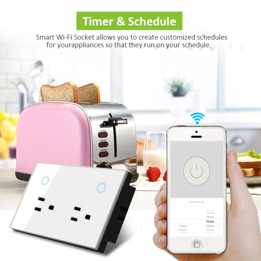 Enchufe inteligente de pared Melery WIFI Tuya (enchufe eléctrico estadounidense) con monitor de potencia, interruptor táctil, control remoto por voz mediante aplicación, compatible con Alexa y Google Home.