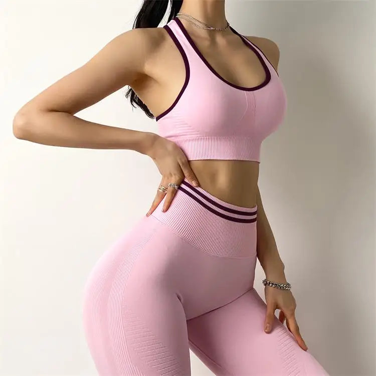 Conjuntos de ropa deportiva de media pieza sin costuras para mujer, conjuntos de gimnasio de manga larga, sujetador deportivo de yoga, leggings push up y mallas deportivas.