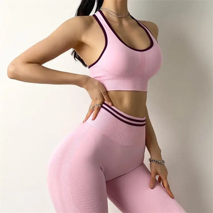 Conjuntos de ropa deportiva de media pieza sin costuras para mujer, conjuntos de gimnasio de manga larga, sujetador deportivo de yoga, leggings push up y mallas deportivas.