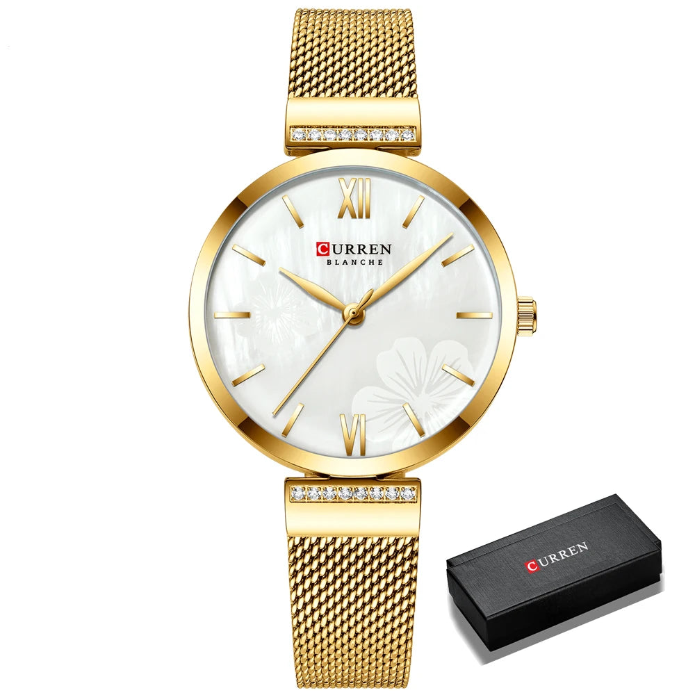 Reloj de moda CURREN para mujer, de lujo, de cuarzo dorado, elegante reloj de pulsera para mujer, reloj de vestir para mujer, acero inoxidable