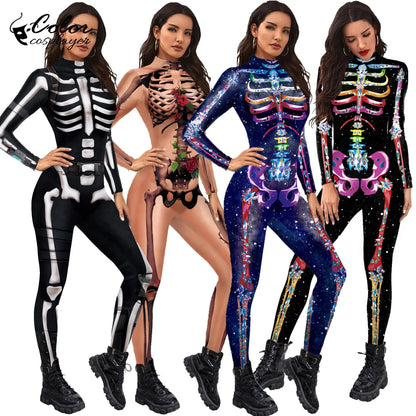 Color Cosplayer Halloween Skeleton Printed Jumpsuits Women Halloween Performance Outfits Party Cosplay Costume Zentai Fitness