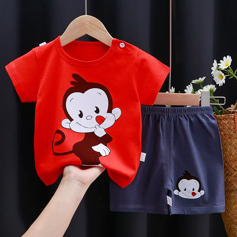 Conjunto de ropa para niños, camiseta y pantalones cortos para bebé niño/niña, ropa de verano de algodón con dibujos animados, chándal informal para niño y bebé.