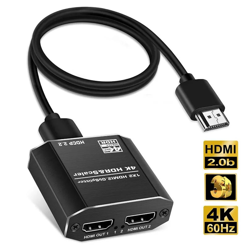 Conecta 1 señal a 2 pantallas HDMI 4K a 60 Hz. Divisor HDMI 1 entrada, 2 salidas con cable HDMI de alta velocidad escalar compatible con HDCP 2.2.