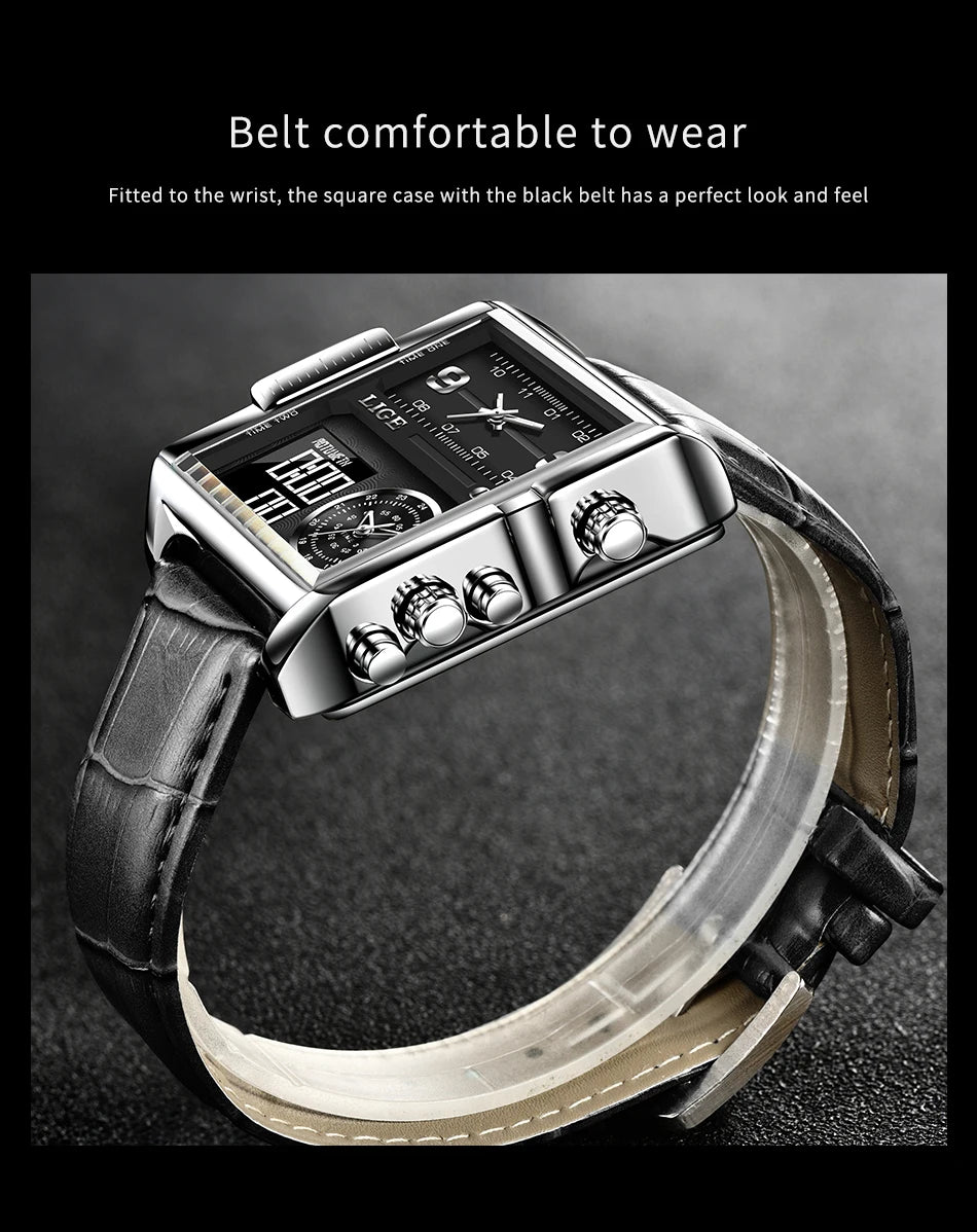 Reloj LIGE de acero negro para hombre, reloj digital con doble pantalla, cronógrafo deportivo, resistente al agua, de cuarzo, estilo militar