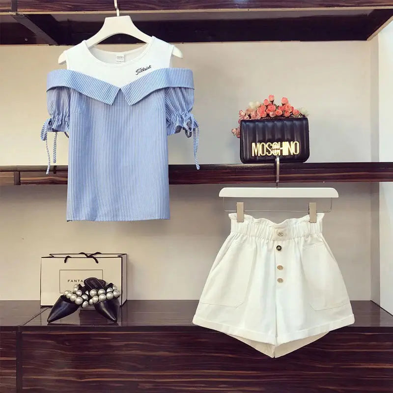 Conjunto de dos piezas formado por camiseta y pantalón corto, para mujer, verano 2024, informal, a rayas, con retazos, cintura alta y pantalones cortos
