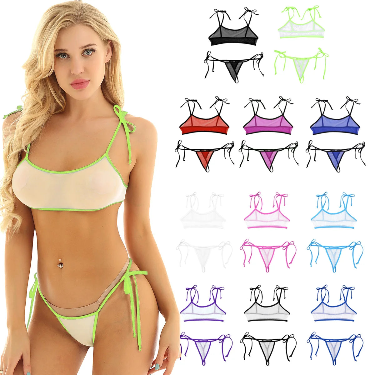 Traje de baño de malla transparente para mujer, bikini micro mini sexy, bañador, top de sujetador, tanga y bragas.