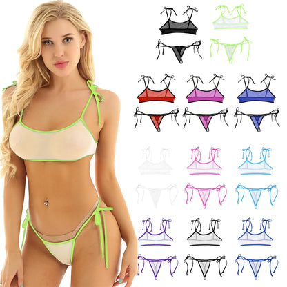 Traje de baño de malla transparente para mujer, bikini micro mini sexy, bañador, top de sujetador, tanga y bragas.