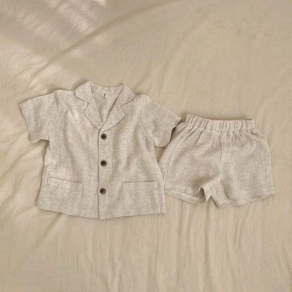 Conjuntos de ropa para bebé niño y niña, camisa y pantalón corto de lino de verano para bebé pequeño, mono con botones de manga corta, ropa para bebé de 1 a 7 años