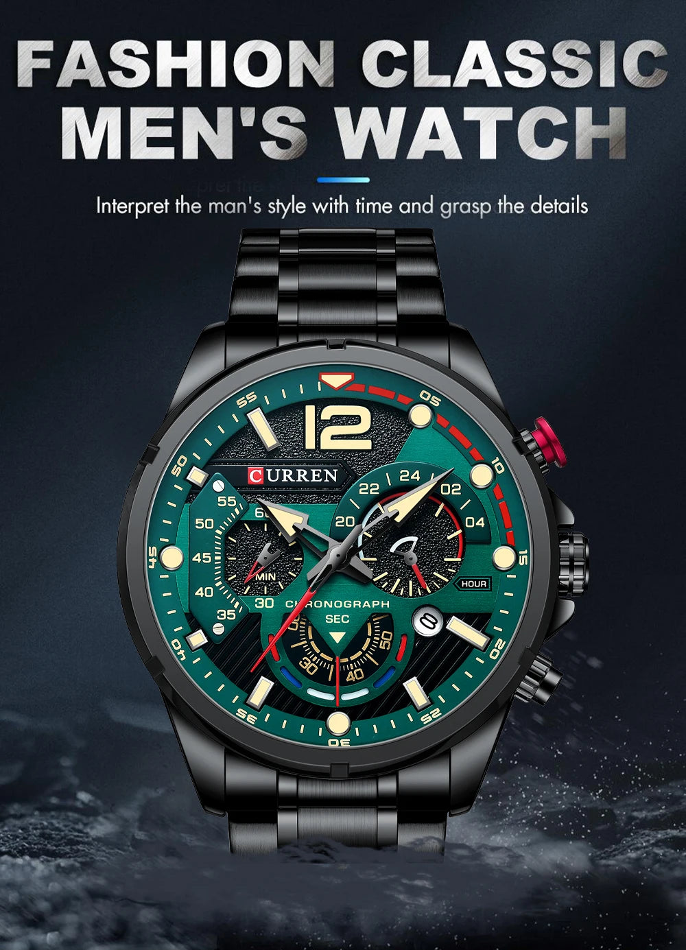 Relojes de cuarzo de moda CURREN para hombre, reloj de pulsera deportivo informal con esfera cronógrafo de acero inoxidable y luminoso