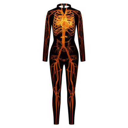 Color Cosplayer Halloween Skeleton Printed Jumpsuits Women Halloween Performance Outfits Party Cosplay Costume Zentai Fitness