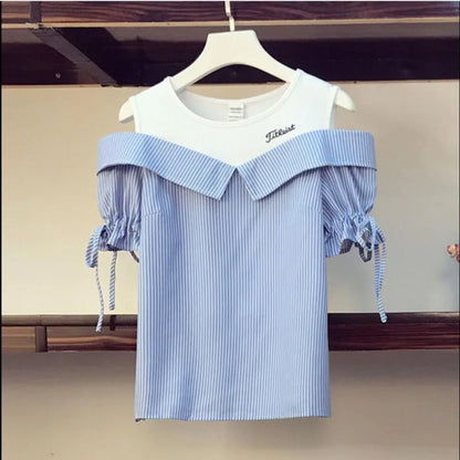 Conjunto de dos piezas formado por camiseta y pantalón corto, para mujer, verano 2024, informal, a rayas, con retazos, cintura alta y pantalones cortos