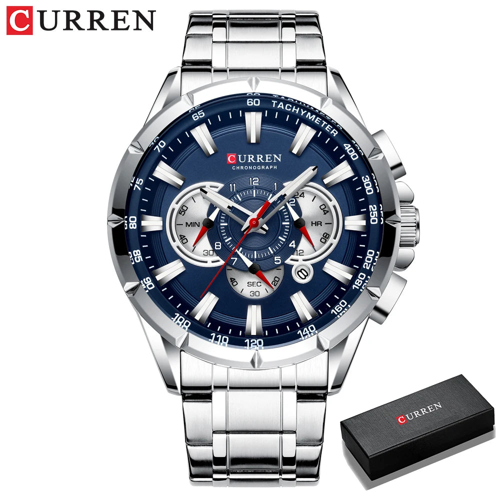 CURREN - Nuevo reloj deportivo informal con cronógrafo para hombre, correa de acero inoxidable, reloj de pulsera de cuarzo con esfera grande y punteros luminosos
