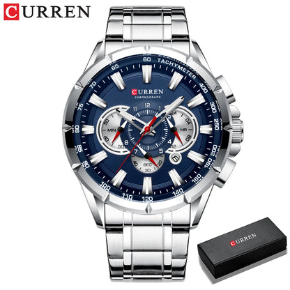 CURREN - Nuevo reloj deportivo informal con cronógrafo para hombre, correa de acero inoxidable, reloj de pulsera de cuarzo con esfera grande y punteros luminosos