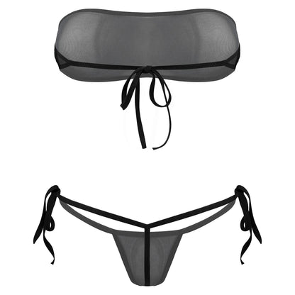 Traje de baño de malla transparente para mujer, conjunto de bikini triangular con microcordones y tanga, traje de baño de 2 piezas, ropa de playa sexy, bikini