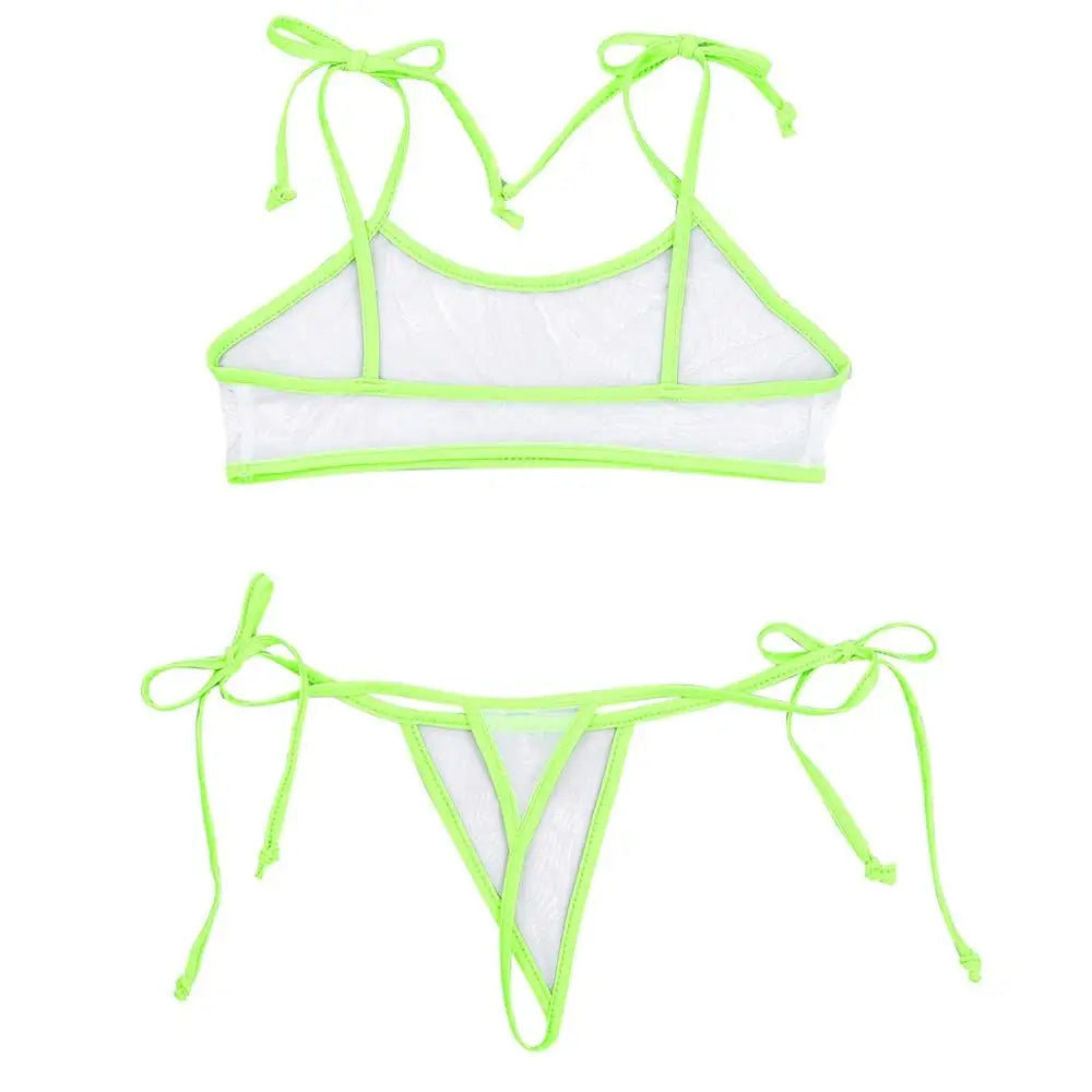 Traje de baño de malla transparente para mujer, bikini micro mini sexy, bañador, top de sujetador, tanga y bragas.
