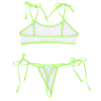 Traje de baño de malla transparente para mujer, bikini micro mini sexy, bañador, top de sujetador, tanga y bragas.