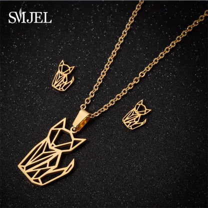 Hermoso conjunto de joyas de acero inoxidable con diseño de gatito y gato en color dorado para hombre, collar con pendientes de gato huecos a la moda, joyería con forma de pata.