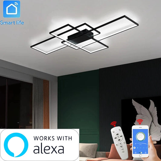 Lámpara de techo LED moderna inteligente Alexa para sala de estar y dormitorio. Luminosa lámpara de techo LED blanca/negra.