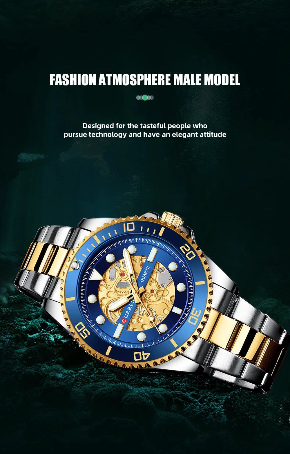 Relojes CURREN, reloj de cuarzo con diseño mecánico imitado, correa de acero inoxidable, relojes de pulsera luminosos para hombre con caja