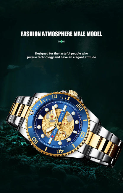 Relojes CURREN, reloj de cuarzo con diseño mecánico imitado, correa de acero inoxidable, relojes de pulsera luminosos para hombre con caja