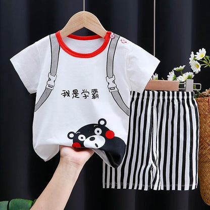 Conjunto de ropa para niños, camiseta y pantalones cortos para bebé niño/niña, ropa de verano de algodón con dibujos animados, chándal informal para niño y bebé.