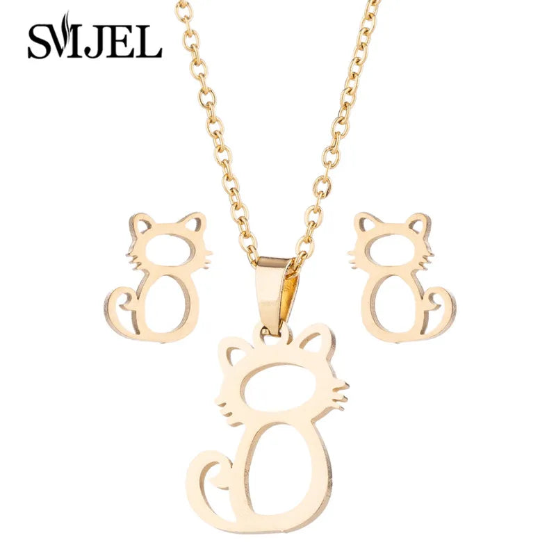 Hermoso conjunto de joyas de acero inoxidable con diseño de gatito y gato en color dorado para hombre, collar con pendientes de gato huecos a la moda, joyería con forma de pata.